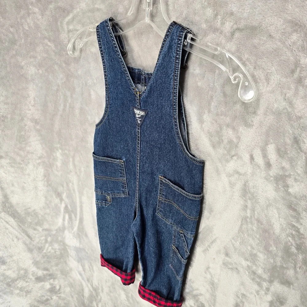 OshKosh B'gosh Overalls Toddler 3T Blue Denim Red Buffalo Plaid Lined Farm